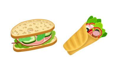Sandwiches set. Shawarma chicken wrap and wheaten bread with various ingredients vector illustration