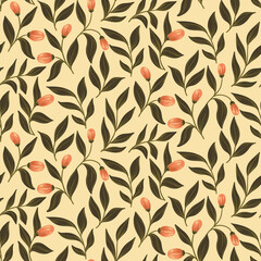 Floral pattern with cute pink berries on the twigs. Seamless pattern with berries and large leaves on a pink background. Vector design.