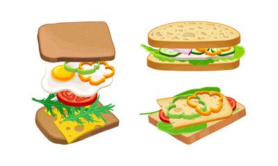 Sandwiches set. Black and wheaten bread with egg, cheese and vegetables vector illustration