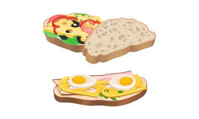 Sandwiches set. Wheaten bread with cheese, bacon, egg and vegetables vector illustration