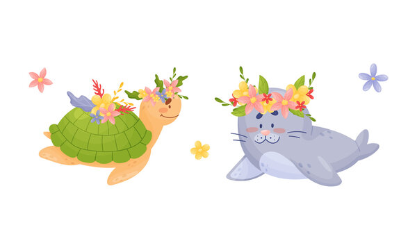 Sea animals in wreath of flowers set. Cute turtle and seal marine baby creatures with flowers vector illustration