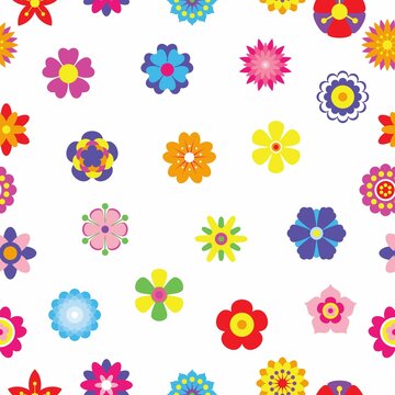 Spring flowers seamless pattern background. Simple colorful floral icons in bright colors. Decorative flower silhouette collection. Horizontal white banner. Vector illustration