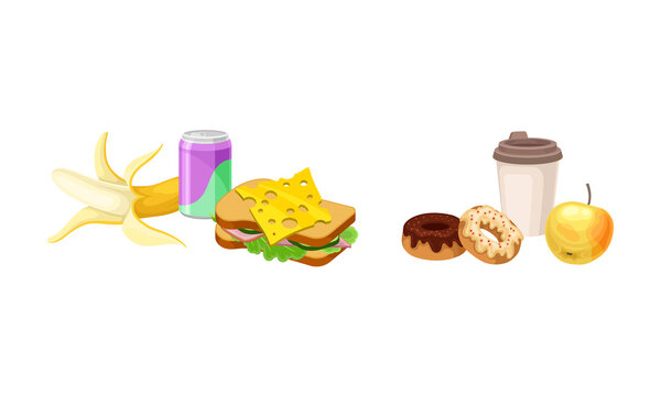 Takeaway food set. Sandwich, donuts, fruit and drinks, sridents snack meal vector illustration