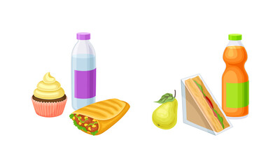 Takeaway food set. Sandwich, shawarma, cupcake and drinks, students snack meal vector illustration