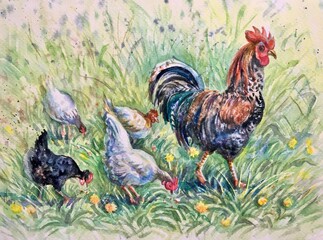 Rooster and chickens. Hand drawn animalistic illustration.  Perfect for fashion print, poster for textiles, design, cards. Watercolor.