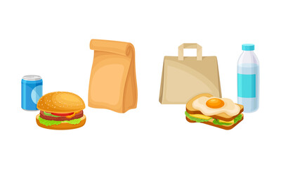 Takeaway food set. Sandwich, hamburger and drinks, students snack meal vector illustration