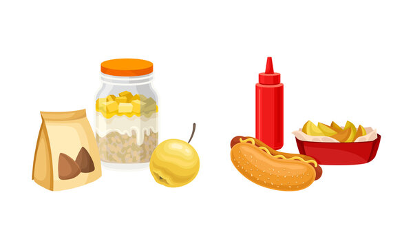 Takeaway food set. Porridge in jar, hot dog, students snack meal vector illustration
