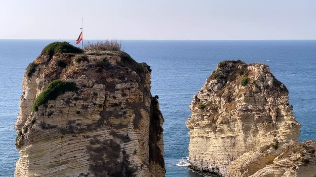 Sabah Nassar's Rock at Raouche in Beirut, Lebanon. known as the Pigeons' Rock. Beautiful nature and sea. Lebanon attractions.