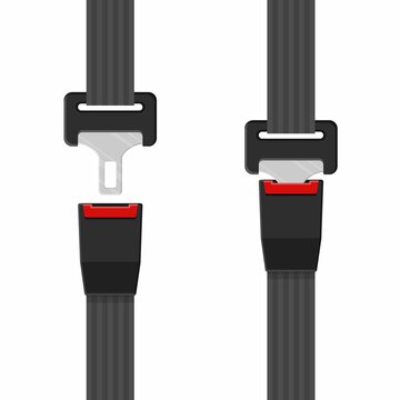 Unblocked and blocked driver and passengers seat belt with fastener and black strap on white background. Safety belt for protection. Safety equipment for car and plane. Lifesaver vector illustration