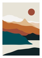 Mountain landscape poster. Minimalist nature background, abstract contemporary hills, moon, sun. Vector wall art for print