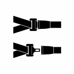 Unblocked and blocked driver and passengers seat belt icon with fastener and black strap on white background. Safety belt for protection. Safety equipment for car and plane. Lifesaver