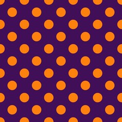 Orange polka dots, seamless pattern on purple background. Vector illustration. Happy Halloween.