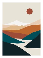 Mountain landscape poster. Minimalist nature background, abstract contemporary hills, sun, moon. Vector wall art for print