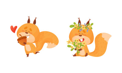 Cute squirrel various activities set. Lovely forest animal character with acorn and bouquet of flowers vector illustration