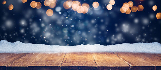 Oak wood platform or podium with snow and bokeh lights