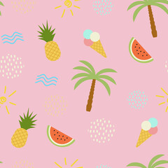 seamless pattern of summer flat elements on a pink background. cute doodle pattern of palm, pineapple, watermelon, sea waves, ice cream. pattern for wrapping paper, textile, wallpaper