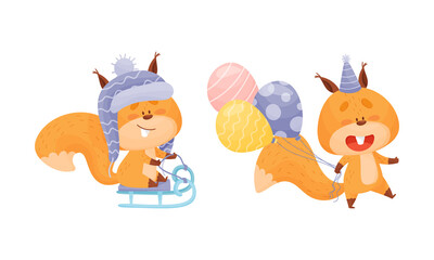 Cute squirrel various activities set. Funny forest animal characters enjoying sleigh ride and celebrating birthday vector illustration