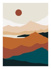 Naklejka na ściany i meble Mountain landscape poster. Minimalist contemporary background sun moon, abstract wall art for print. Vector illustration