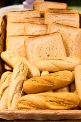Fresh Assortment of several baked bread varieties for breakfast.