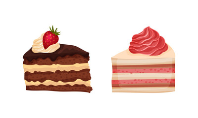 Delicious piece of cakes set. Sweet baked desserts, sliced birthday pie vector illustration