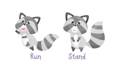 Learning verbs of action set. Cute cat running and standing. Educational visual material cartoon vector illustration