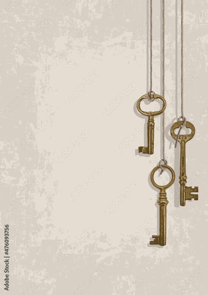Poster vector background with beautiful old keys and a place for text on a light backdrop in grunge style. 