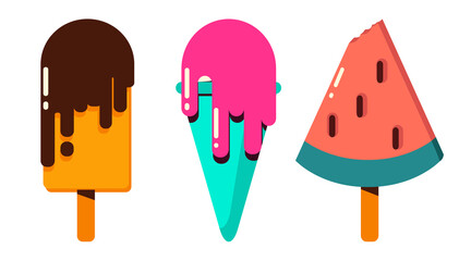 set of three bright frozen in cartoon style. Banana and watermelon ice cream