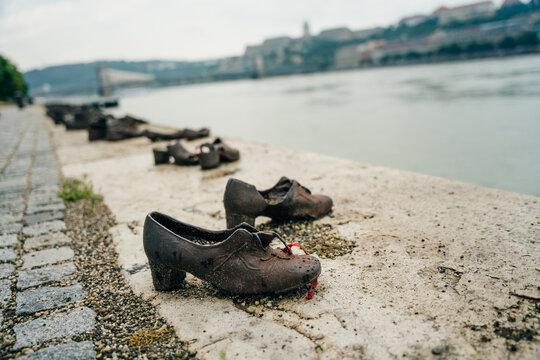 Shoes on the Danube bank - Monument as a memorial of the victims of the Holocaust in Budapest, Hungary - nov, 2021