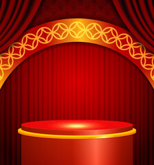 Vector Chinese new year illustration with stage pedestal, asian elements and curtains