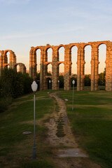 Aqueduct of Los Milagros, Roman origin building at sunset, part of the Archaeological Ensemble of Merida, UNESCO World Heritage Site, Extremadura, Spain