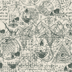 Fototapeta na wymiar Abstract seamless pattern with hand-drawn goat head, all-seeing eye, human skulls, vitruvian man, occult and esoteric symbols on an old paper backdrop. Monochrome vector background in grunge style