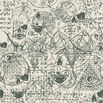 Abstract seamless pattern with hand-drawn goat head, all-seeing eye, human skulls, vitruvian man, occult and esoteric symbols on an old paper backdrop. Monochrome vector background in grunge style