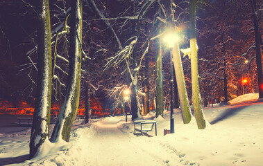 Snowy winter landscape with bench in empty park and shining lanterns.Snow covered trees along the alley.