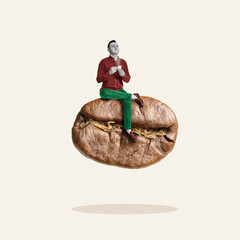 A man drinks coffee while sitting on a coffee bean. Funny Art Collage. Relaxation concept.