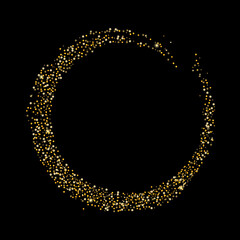 Gold glitter confetti on a black background. Scattered in a circle are shiny particles, sand. Decorative element, golden zen. Luxury background for your design, postcard, vector