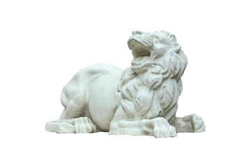 concrete sculpture of a formidable lion, isolated on white background. The concept of strength, power