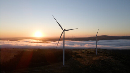 Obraz premium Wind power plant at sunrise. Aerial photography