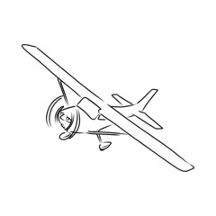 Light single-engine aircraft with pilot flies against the background of an abstract landscape. Vector illustration.