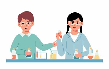 Little Students Doing Chemical Experiment. Chemistry laboratory. Little boy and girl scientist in classroom at chemistry lesson. School chemical laboratory with glass flask and test tubes. 