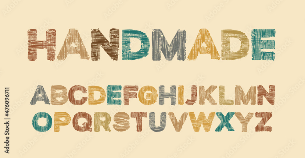 Fototapete handmade lettering in colored letters and the english alphabet with a textile texture. stylish and c