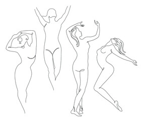 Lady collection. Silhouettes of a girl in a modern one line style. Continuous line drawing, aesthetic outline for home decor, posters, wall art, stickers, logo. Vector illustration set.