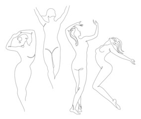 Lady collection. Silhouettes of a girl in a modern one line style. Continuous line drawing, aesthetic outline for home decor, posters, wall art, stickers, logo. Vector illustration set.