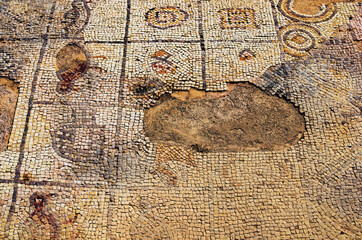 Kizkalesi,Turkey-October 11,2021:Detailed view remains of medieval floor mosaics in Kizkalesi castle. It is island medieval fortress near Kizkalesi town.Famous touristic place and travel destination
