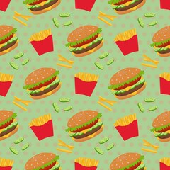 Seamless vector pattern of hamburger and French fries. 