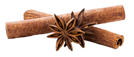 Cinnamon sticks and anise star isolated on white background