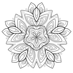 Decorative mandala with floral patterns and round shapes on a white isolated background. For coloring book pages.