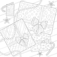 Hand drawn three Christmas gifts with different wrapping paper, bows, candy, snowflakes, garland, photo. Winter illustration on a white isolated background. For coloring book pages.