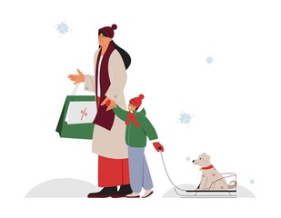 Mother doing shopping during sales, kid, sleigh with a dog. Winter holidays concept. Flat vector illustration