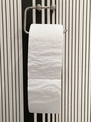 Pełna rolka papieru toaletowego wiszacego na uchwycie w toalecie. - obrazy, fototapety, plakaty