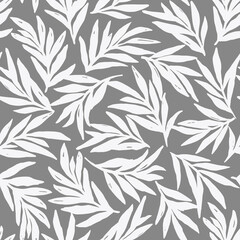 seamless abstract pattern with white leaves on grey,  vector